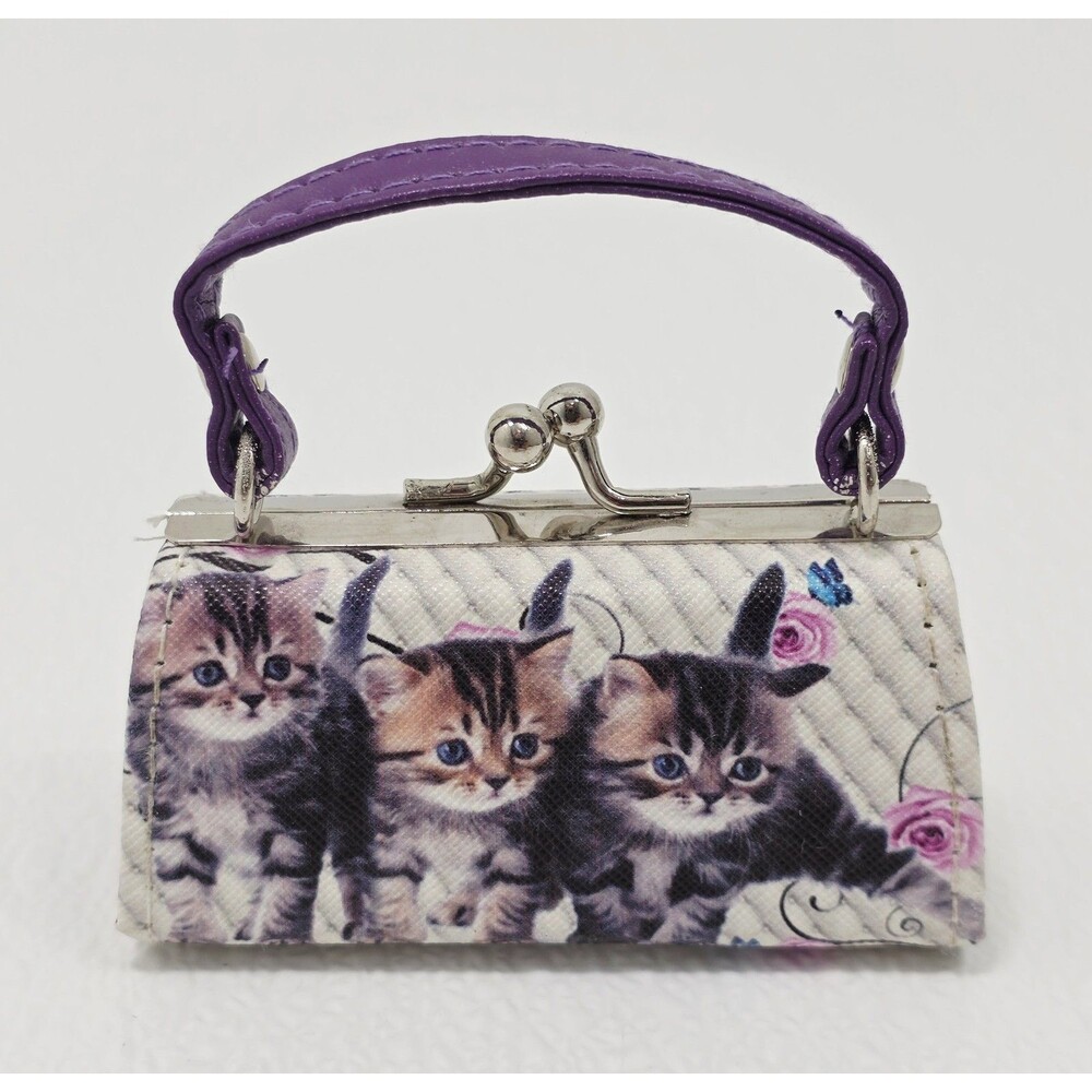 Tic Tok Cat Kitten Print Mini Coin Purse Flower Lock Handbag Purple Handle